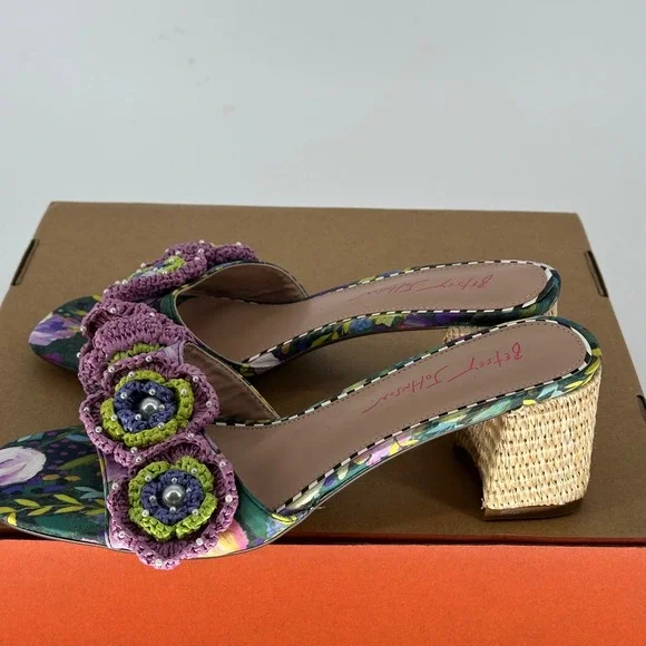 Betsey Johnson Dietrich Bright Multi Floral Pearl Beaded Summer 3" Heel Womens 9 - Picture 5 of 10